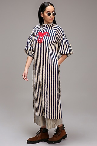 Off-White Handspun Cotton Embroidered & Printed Tunic by Mati