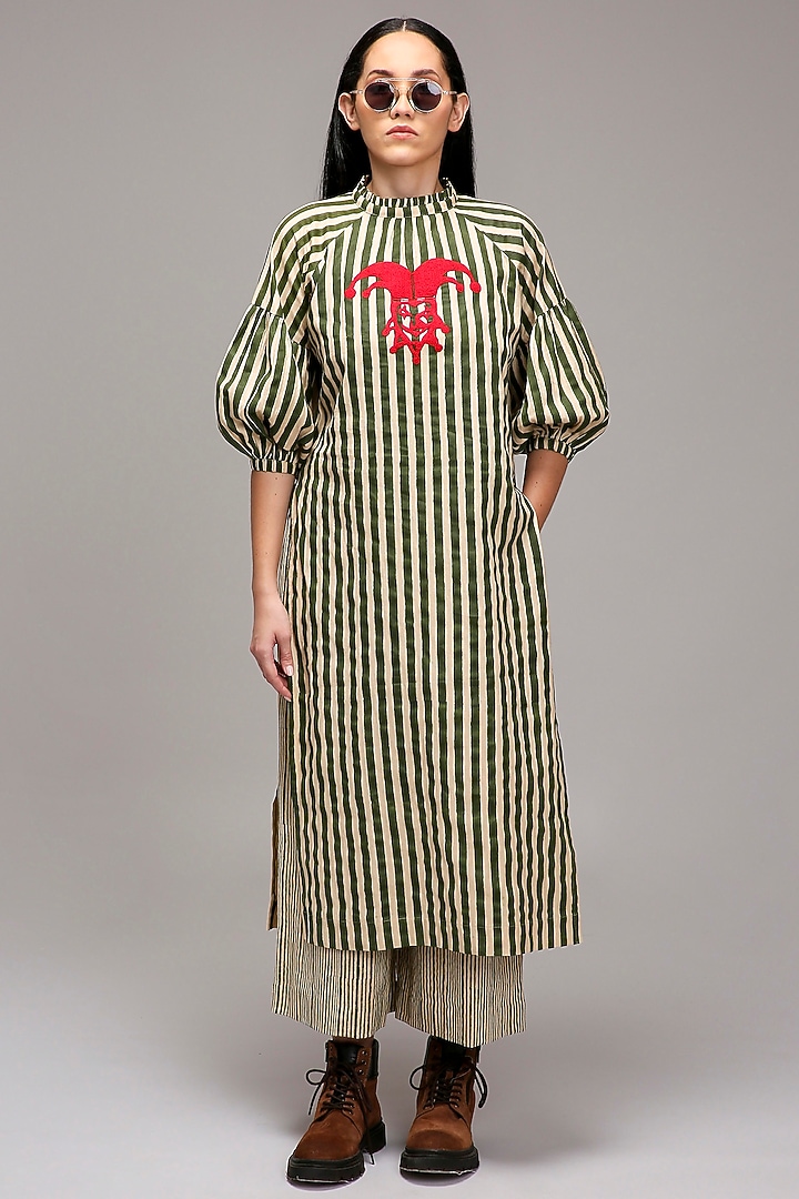 Off-White Handspun Cotton Embroidered & Printed Tunic Set by Mati at Pernia's Pop Up Shop
