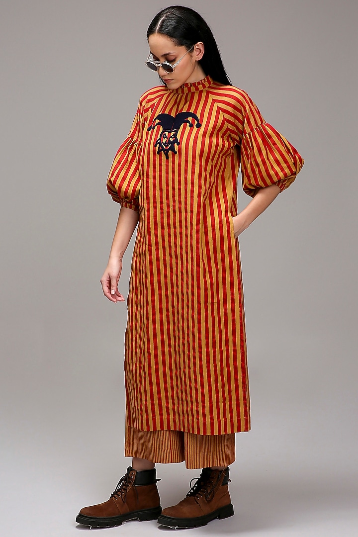 Tan Brown Handspun Cotton Embroidered & Printed Tunic Set by Mati at Pernia's Pop Up Shop
