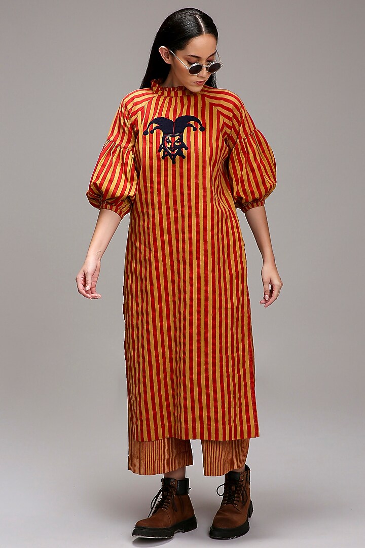 Tan Brown Handspun Cotton Embroidered & Printed Tunic Set by Mati at Pernia's Pop Up Shop