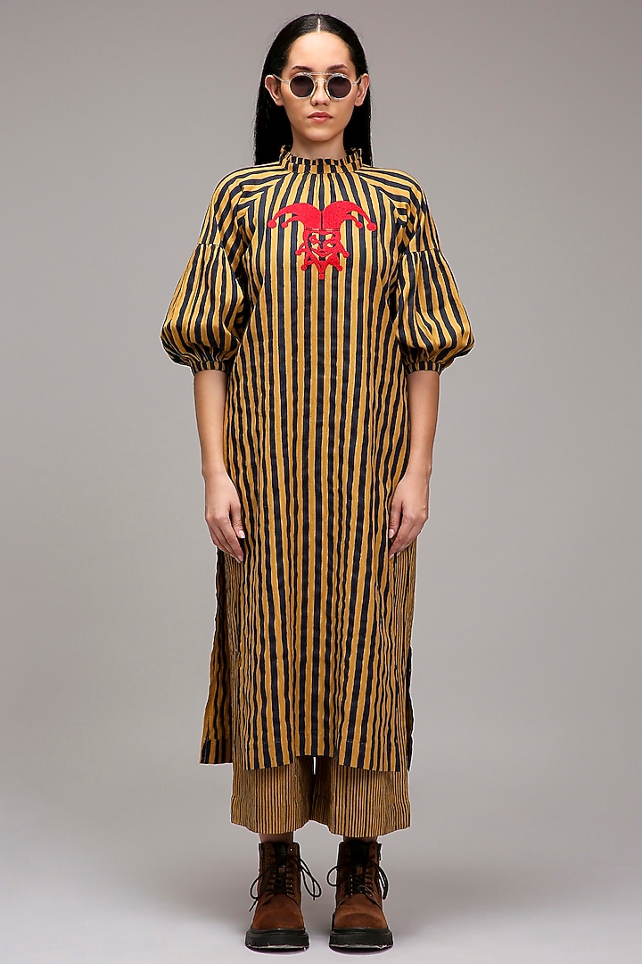 Tan Brown Handspun Cotton Embroidered & Printed Tunic Set by Mati at Pernia's Pop Up Shop