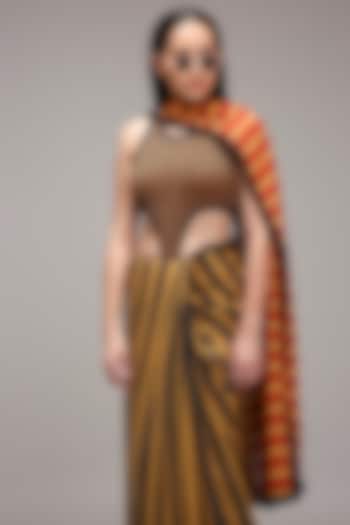 Tan Brown Handwoven Cotton Printed Smocked Bodysuit by Mati at Pernia's Pop Up Shop