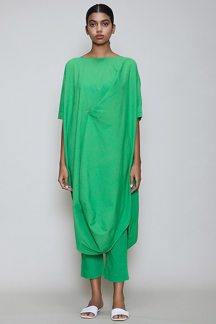Green Handwoven Cotton Cowl Tunic by Mati at Pernia's Pop Up Shop