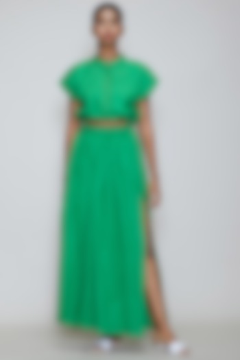 Green Straight Fit Skirt With Side Slit by Mati