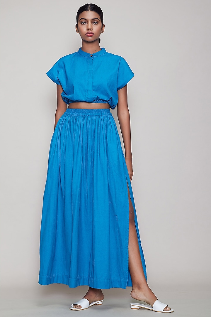 Blue Straight Fit Skirt With Side Slit by Mati