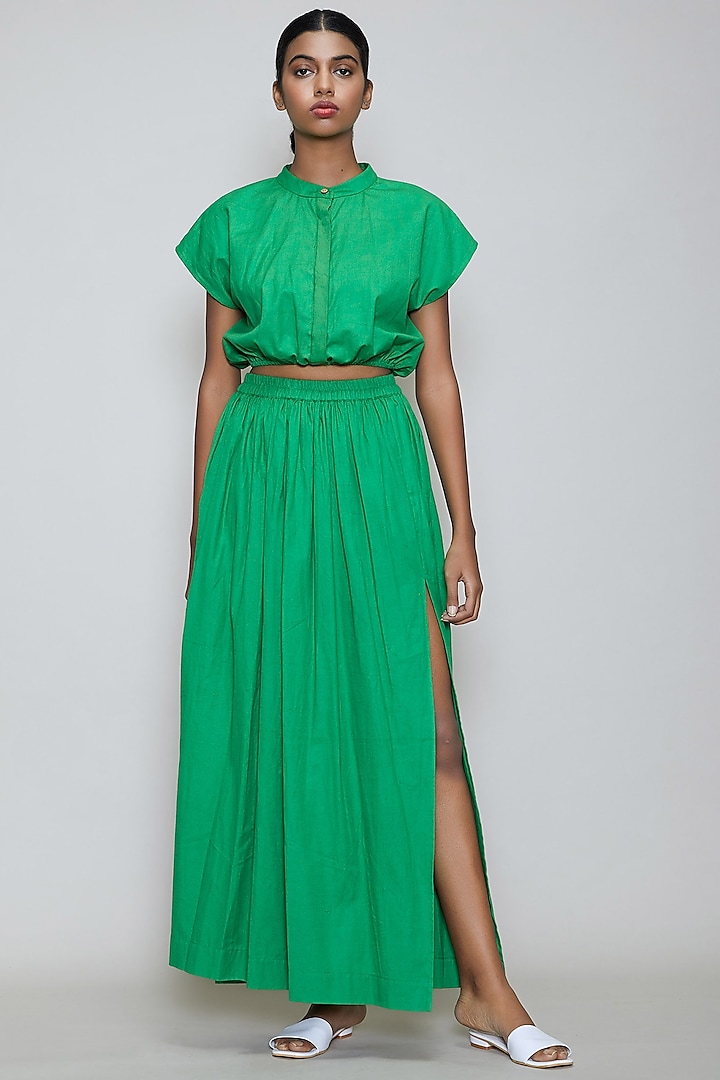 Green Handwoven Cotton Skirt Set by Mati