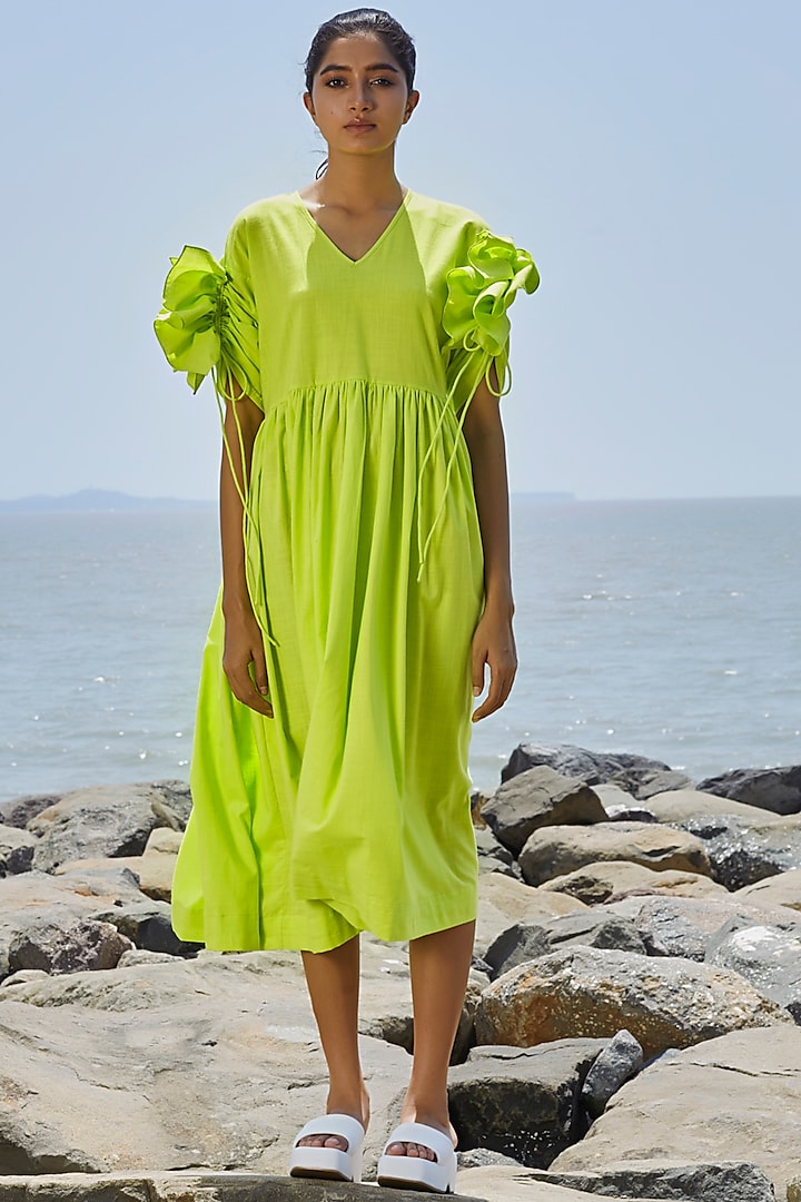 Neon Green Cotton Gathered Dress by Mati