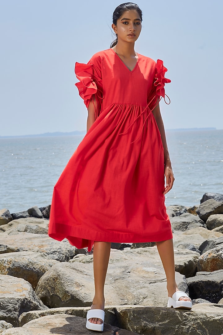 Red Cotton Gathered Dress by Mati