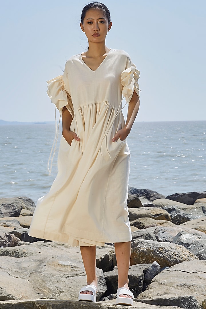 Off-White Cotton Gathered Dress by Mati