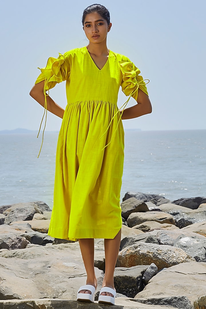 Yellow Cotton Gathered Dress by Mati