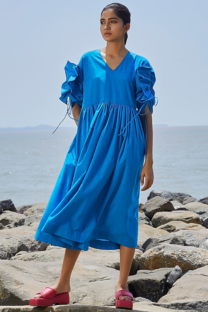 Blue Cotton Gathered Dress by Mati