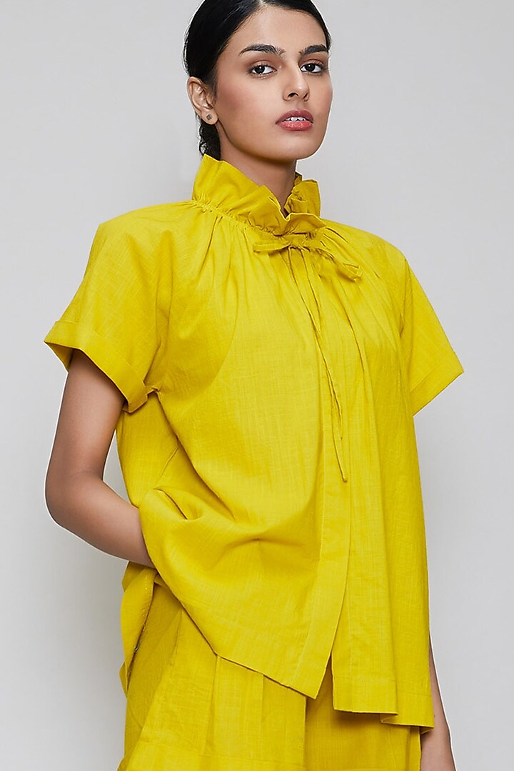 Yellow Handwoven Cotton High Collared Shirt by Mati