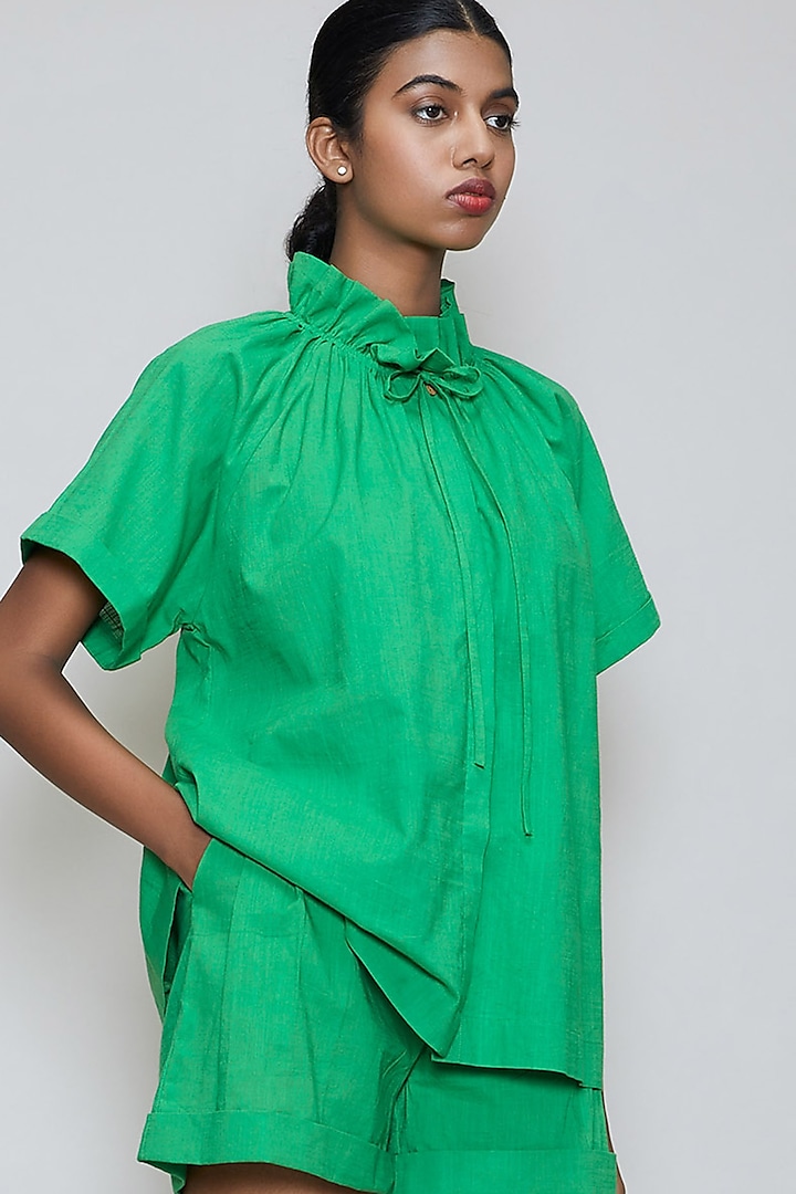 Green Handwoven Cotton High Collared Shirt by Mati