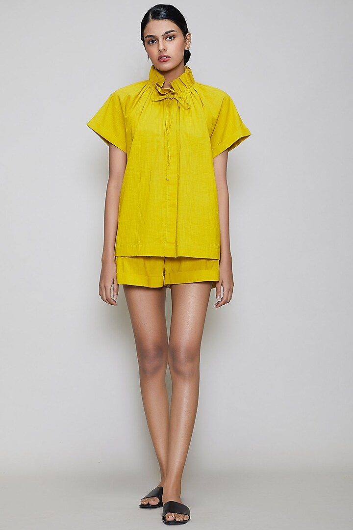 Yellow Handwoven Cotton Shirt With Shorts by Mati