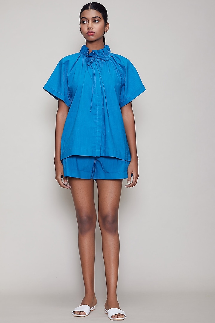 Blue Handwoven Cotton Shirt With Shorts by Mati