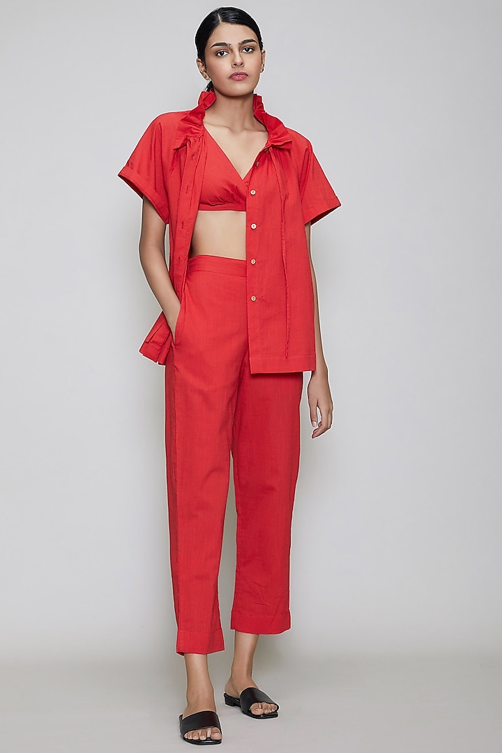 Red Handwoven Cotton Pant Set by Mati