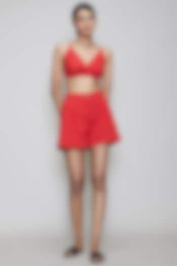 Red Handwoven Cotton Shorts With Bralette by Mati