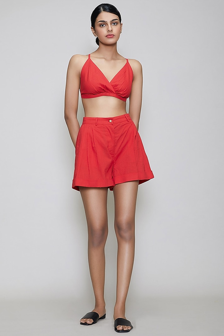 Red Handwoven Cotton Shorts With Bralette by Mati