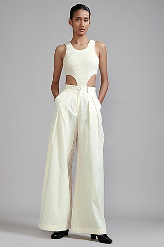 Off-White Handwoven Cotton Smocked Bodysuit by Mati