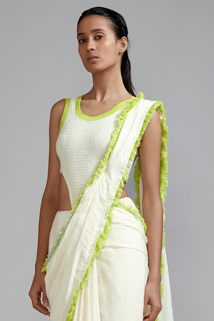 Off-White & Neon Green Handwoven Cotton Smocked Bodysuit by Mati