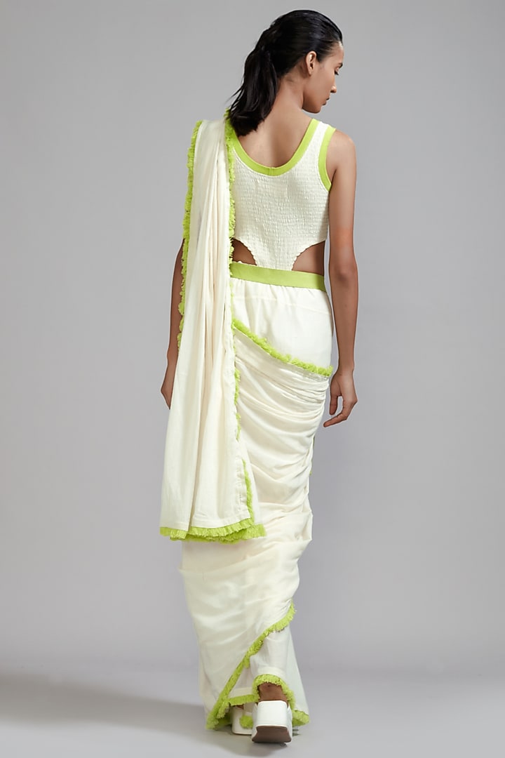 Off-White & Neon Green Handwoven Cotton Smocked Bodysuit by Mati at Pernia's Pop Up Shop