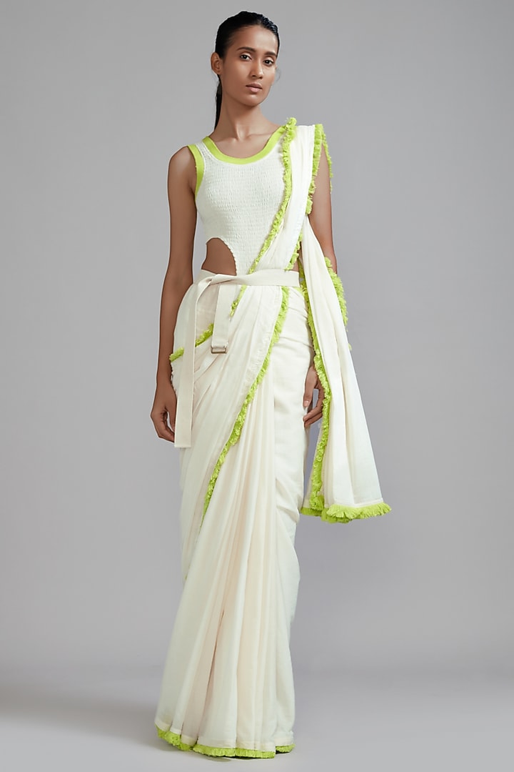 Off-White & Neon Green Handwoven Cotton Smocked Bodysuit by Mati at Pernia's Pop Up Shop