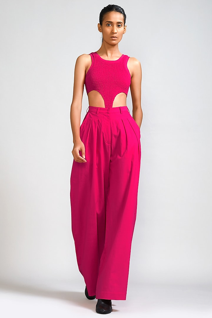 Pink Cotton Pleated Pant Set by Mati