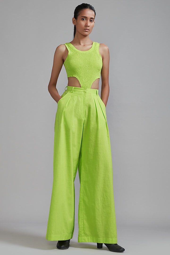 Neon Green Cotton Pleated Pant Set by Mati
