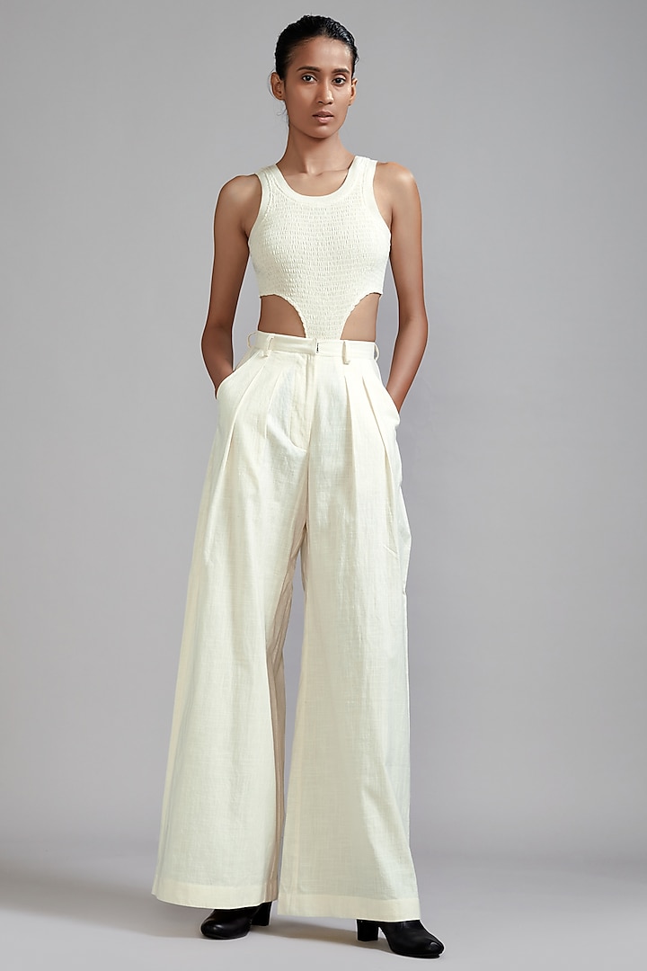 Off -White Cotton Pleated Pant Set by Mati