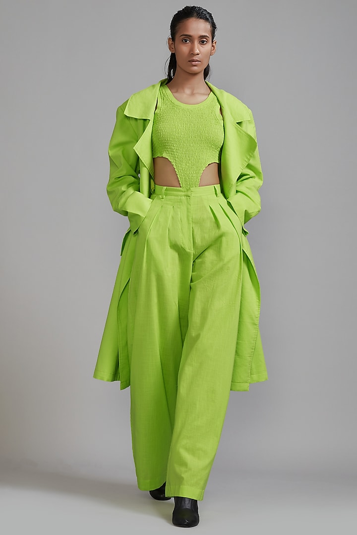 Neon Green Cotton Trench Jacket Set by Mati