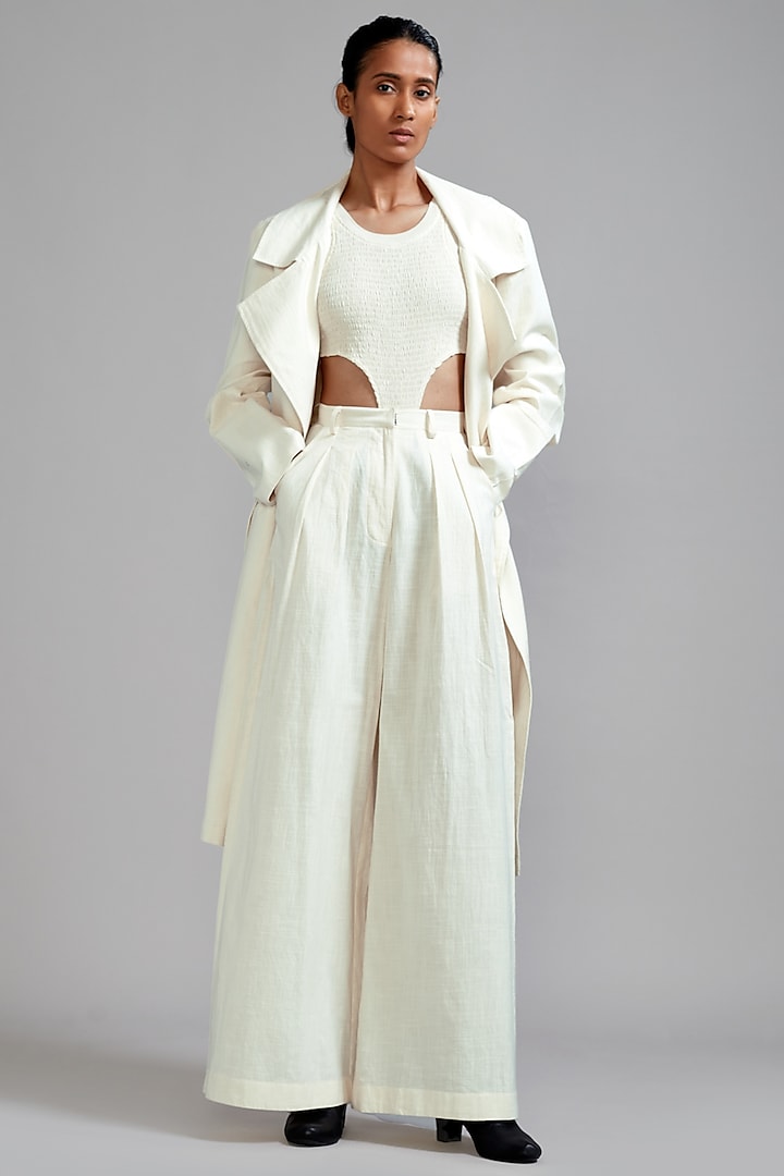 Off-White Cotton Trench Jacket Set by Mati
