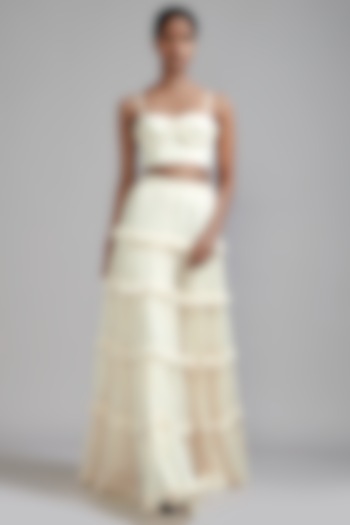 Off-White Handspun Mul Tiered Wedding Lehenga Set by Mati at Pernia's Pop Up Shop