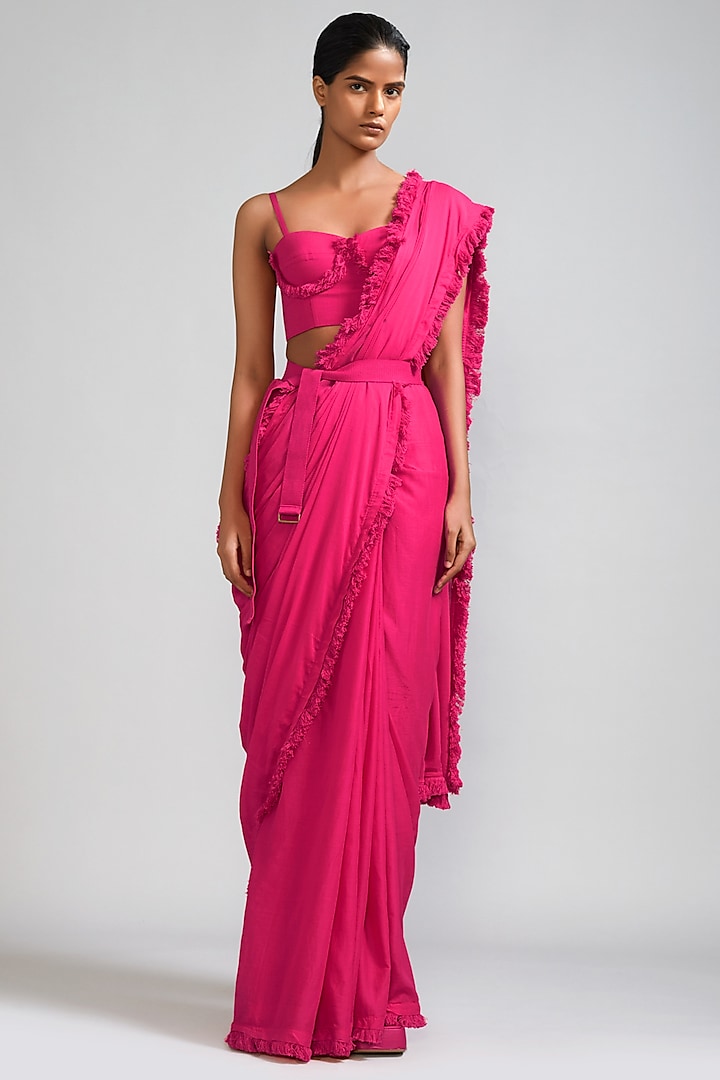 Pink Mul Saree Set by Mati