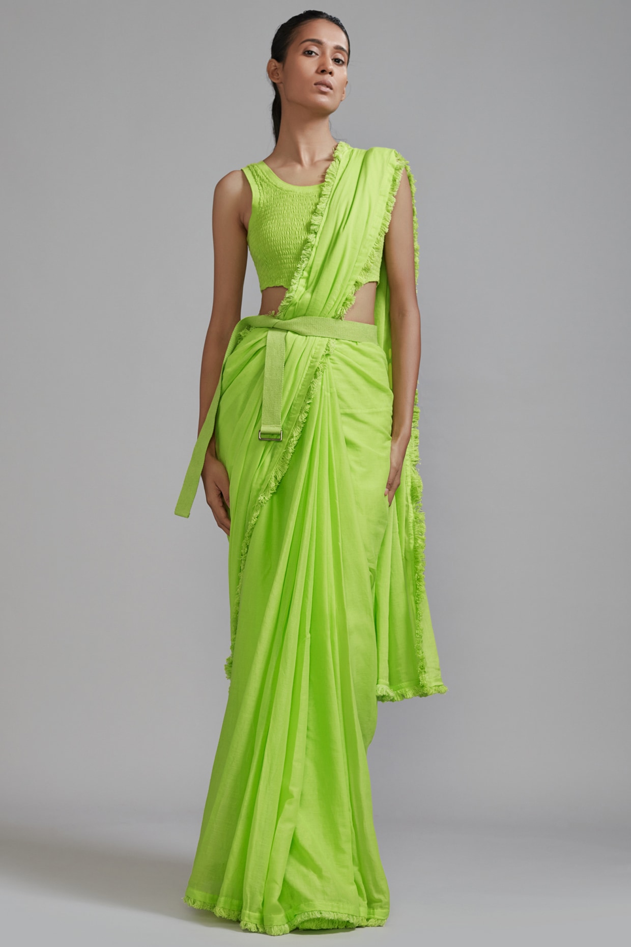 Dual Tone Georgette Saree: Neon Green, Apple Green