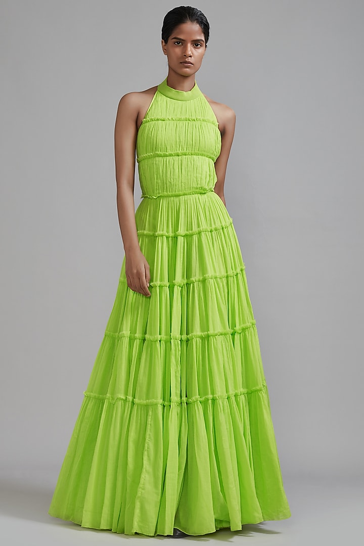 Neon Green Mul Tiered Gown by Mati