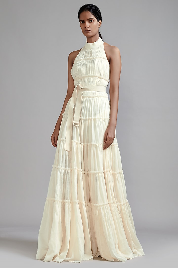 Off-White Mul Tiered Gown With Belt by Mati