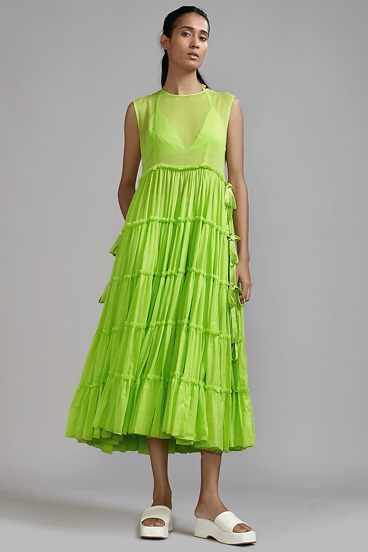 Neon Green Handwoven Mul Tiered Tunic by Mati at Pernia's Pop Up Shop