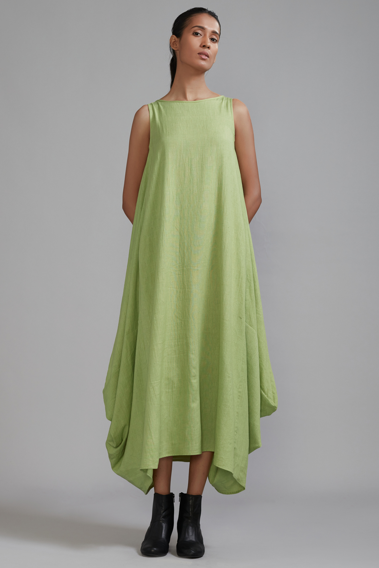 Green Handloom Cotton Cowl Dress by Mati at Pernia's Pop Up Shop