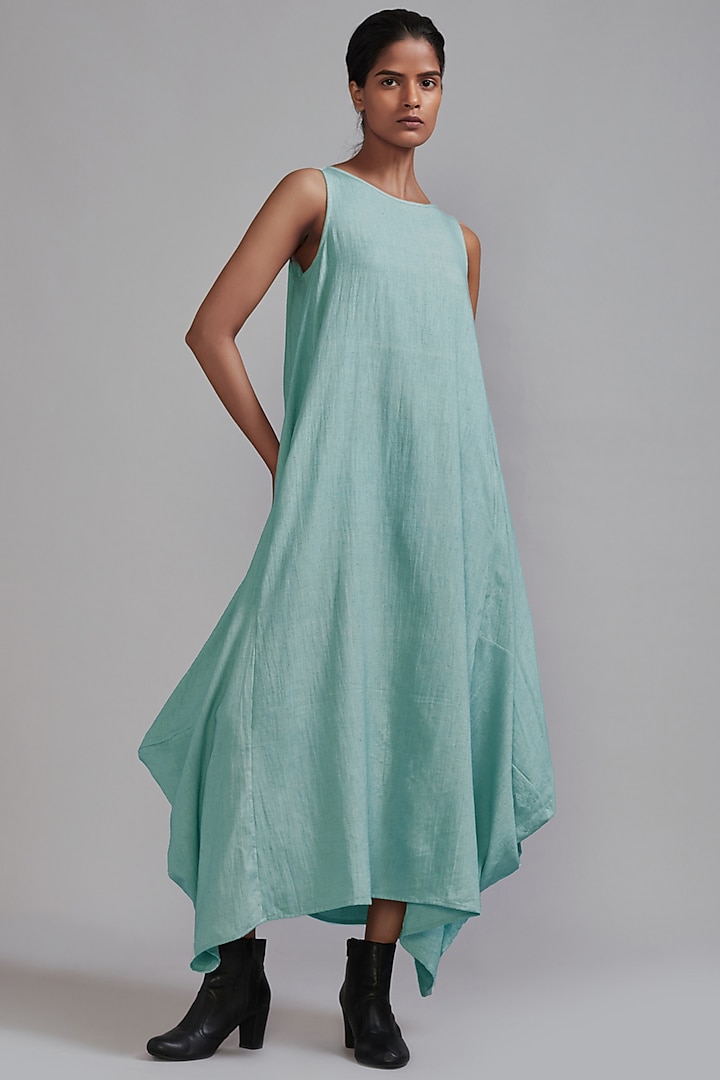 Blue Handloom Cotton Cowl Dress Design by Mati at Pernia's Pop Up Shop 2023