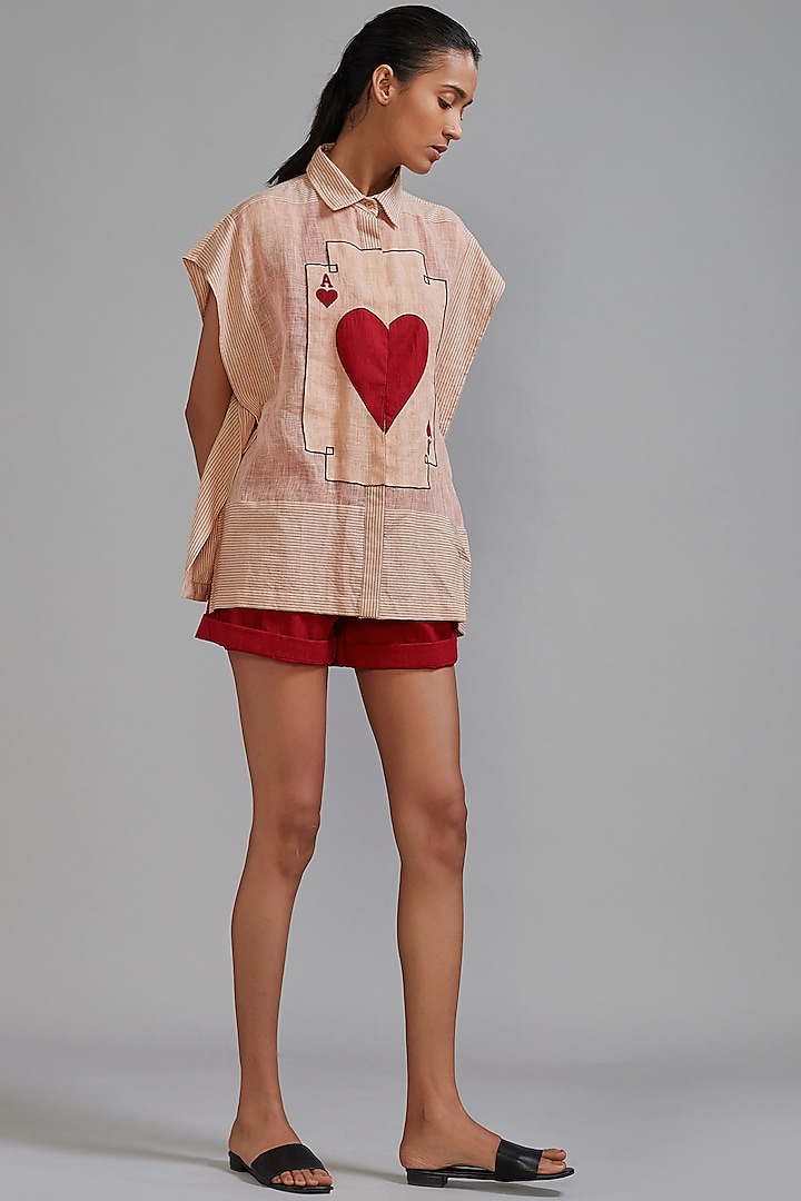 Pink & Red Pure Linen Embroidered Co-Ord Set by Mati
