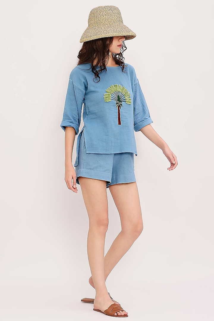 Blue Cotton Hand Embroidered Top by Mati at Pernia's Pop Up Shop