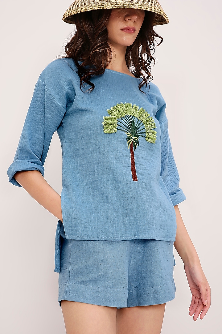 Blue Cotton Hand Embroidered Top by Mati at Pernia's Pop Up Shop