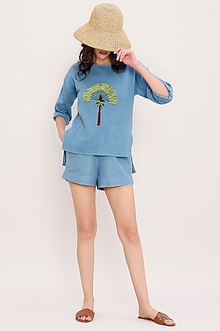 Blue Handwoven Cotton Textured Shorts by Mati