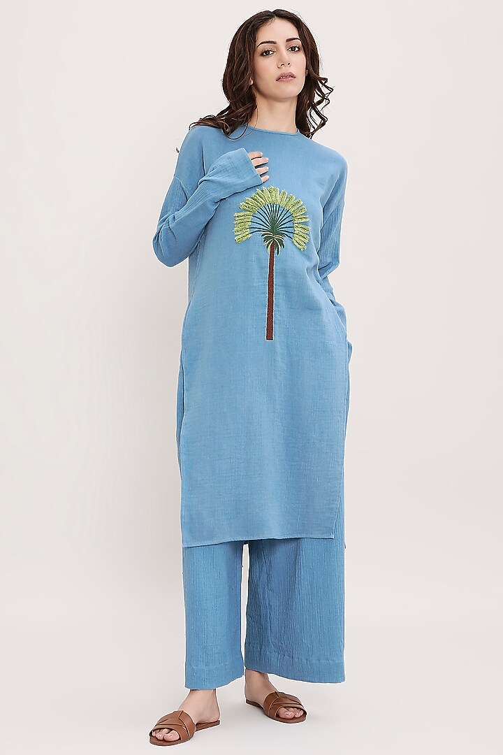 Blue Cotton Hand Embroidered Tunic Set by Mati at Pernia's Pop Up Shop