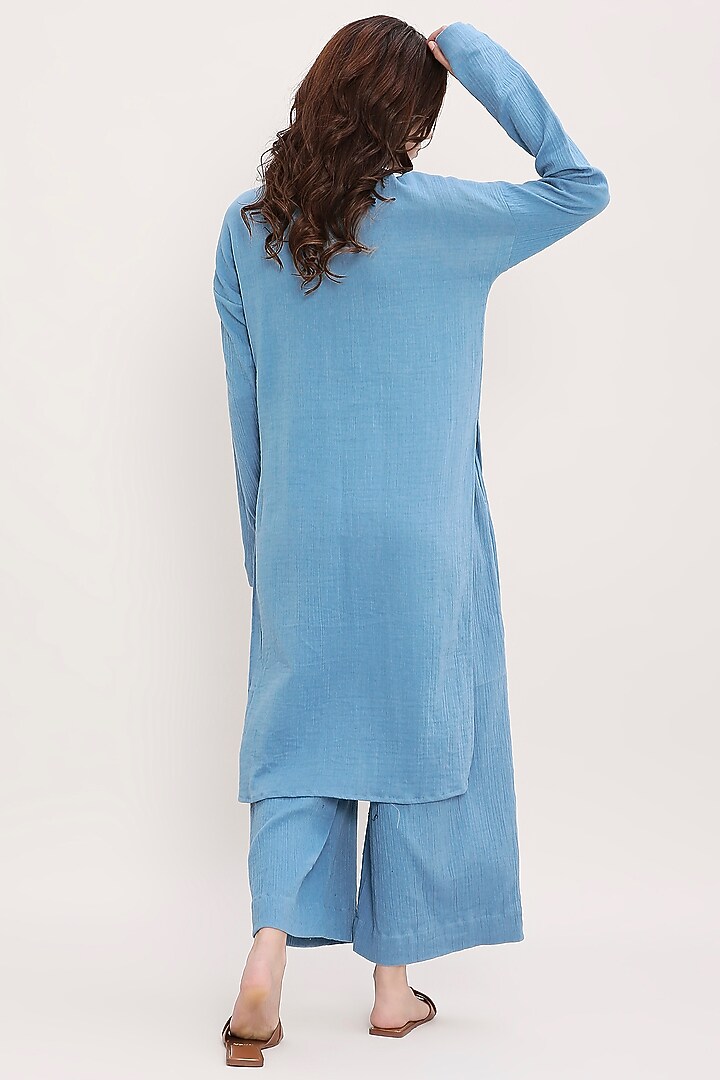 Blue Cotton Hand Embroidered Tunic Set by Mati at Pernia's Pop Up Shop