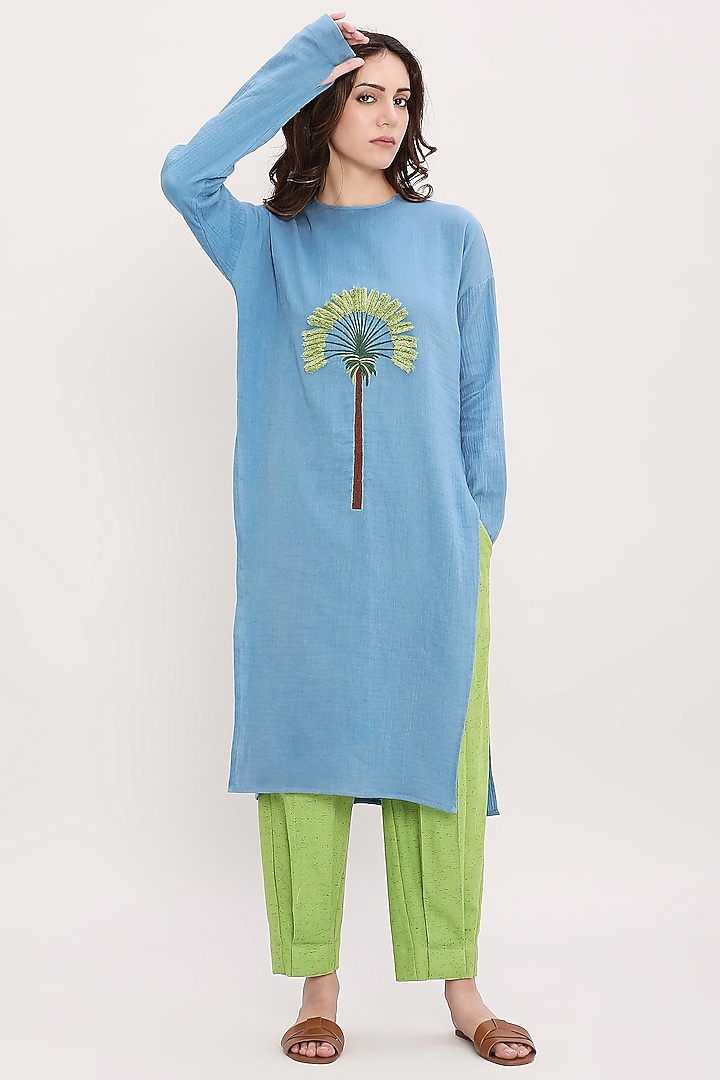 Blue & Green Cotton Hand Embroidered Tunic Set by Mati at Pernia's Pop Up Shop