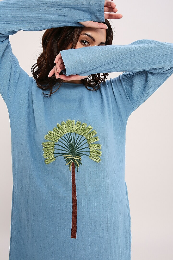 Blue & Green Cotton Hand Embroidered Tunic Set by Mati at Pernia's Pop Up Shop