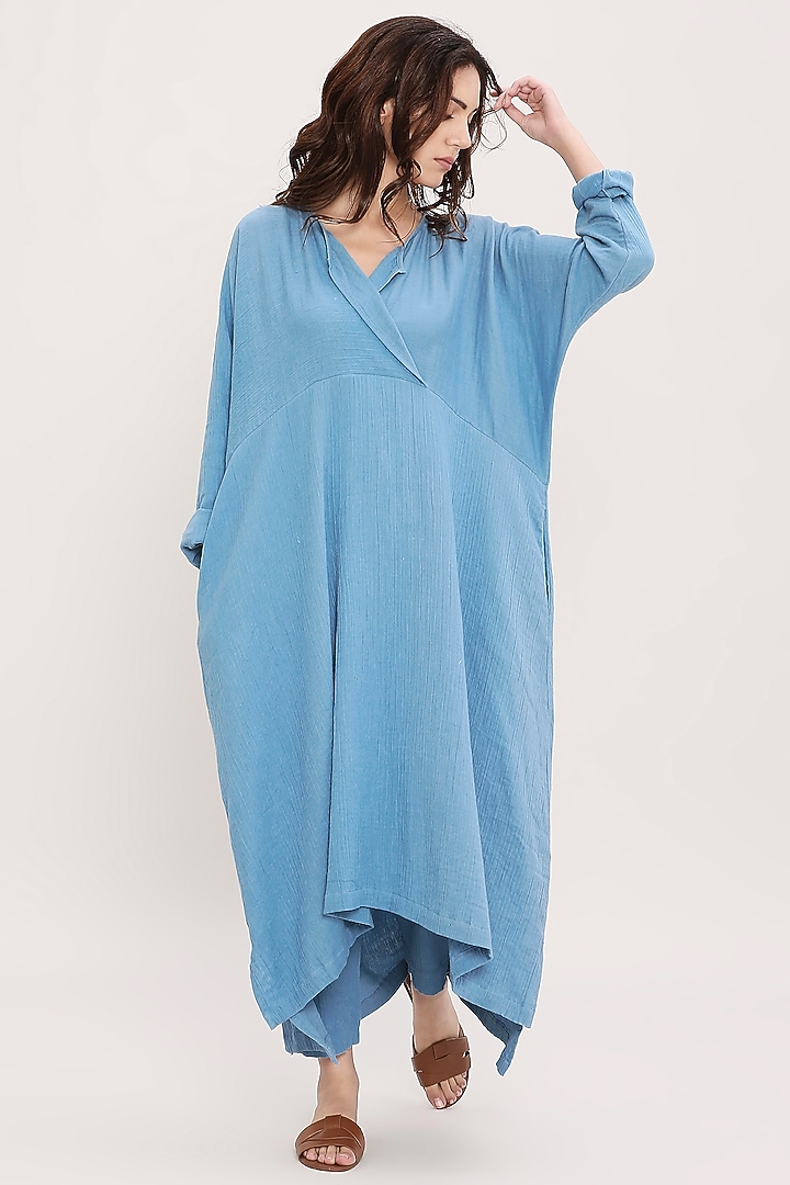 Blue Handwoven Cotton Tunic Set by Mati at Pernia's Pop Up Shop