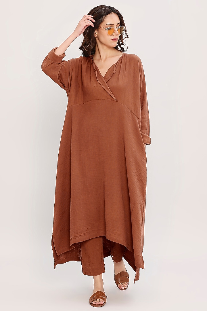 Brown Handwoven Cotton Tunic Set by Mati at Pernia's Pop Up Shop