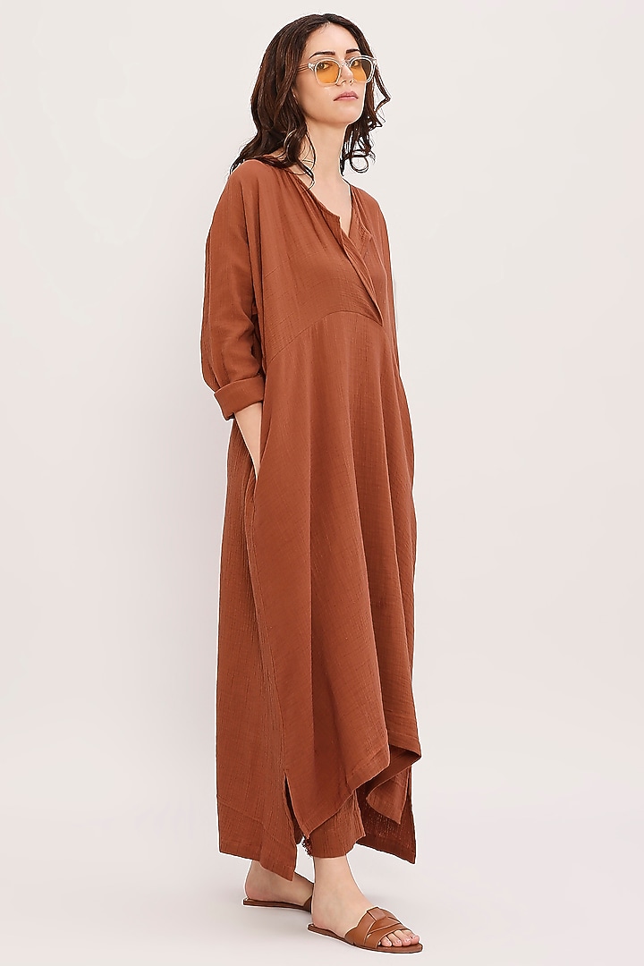 Brown Handwoven Cotton Tunic Set by Mati at Pernia's Pop Up Shop